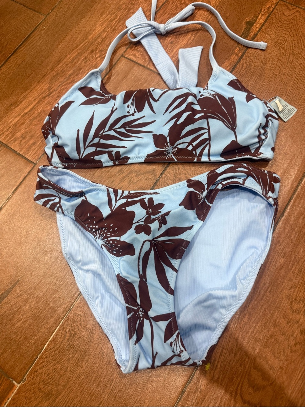 Shade & Shore - Light Blue & Brown Floral Bikini Bottom L